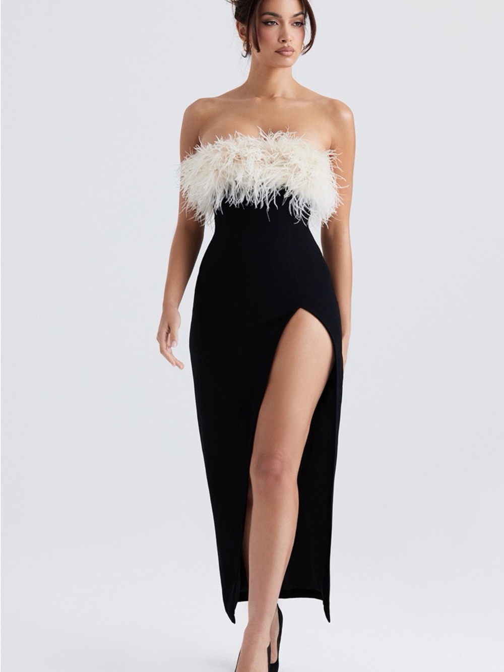House of CB Sarai Strapless Black Evening Dress with Ivory Feather Trim